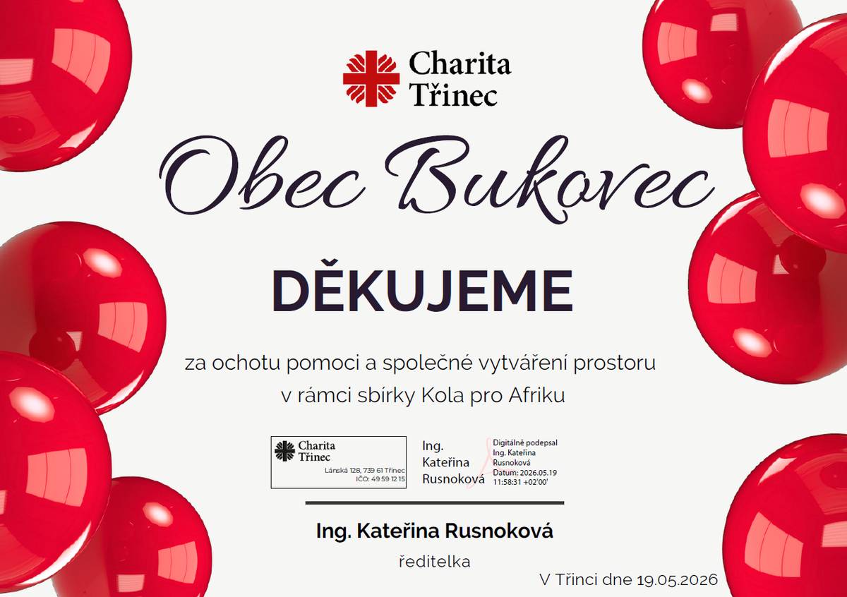 Charita Jablunkov děkuje Obci Bukovec za ochotu a spolupráci  při organizaci sbírky Kola pro Afriku.