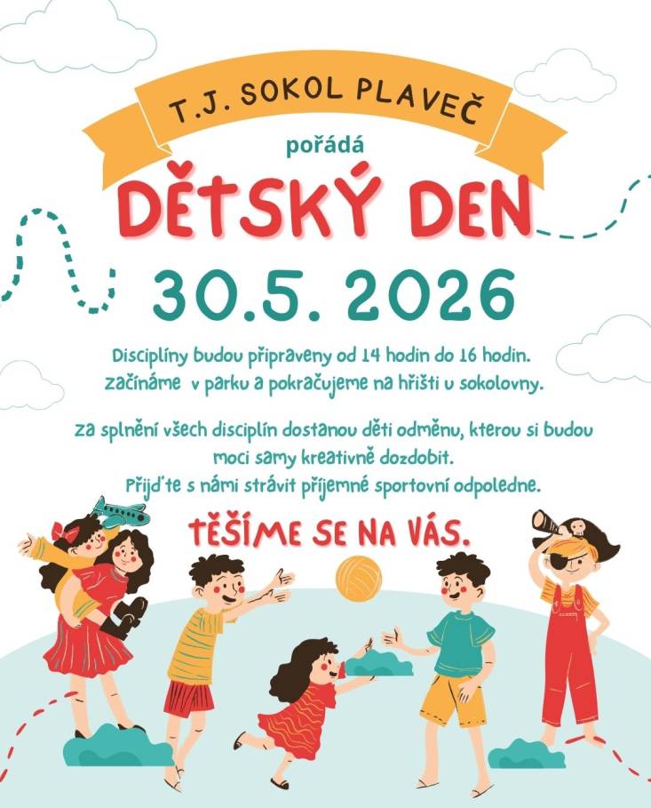 TJ Sokol Plaveč pořádá v sobotu 30.5.2026 dětský den od 14:00 v parku