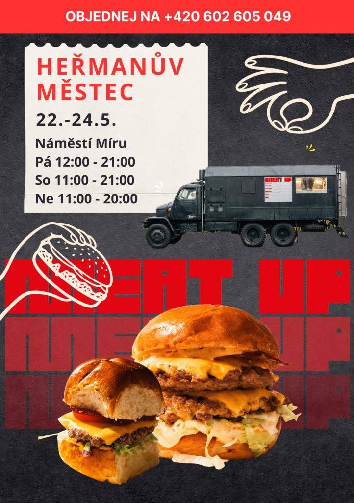 Informujeme občany, že tento víkend od pátku 22.05. do neděle 24.05.2026 můžete navštívit pojízdné bistro MEAT UP, které bude přistaveno před "Legal" zdí naproti skautské klubovně. Více informací naleznete na facebooku města a výlepových plochách. Všichni jste srdečně zváni.