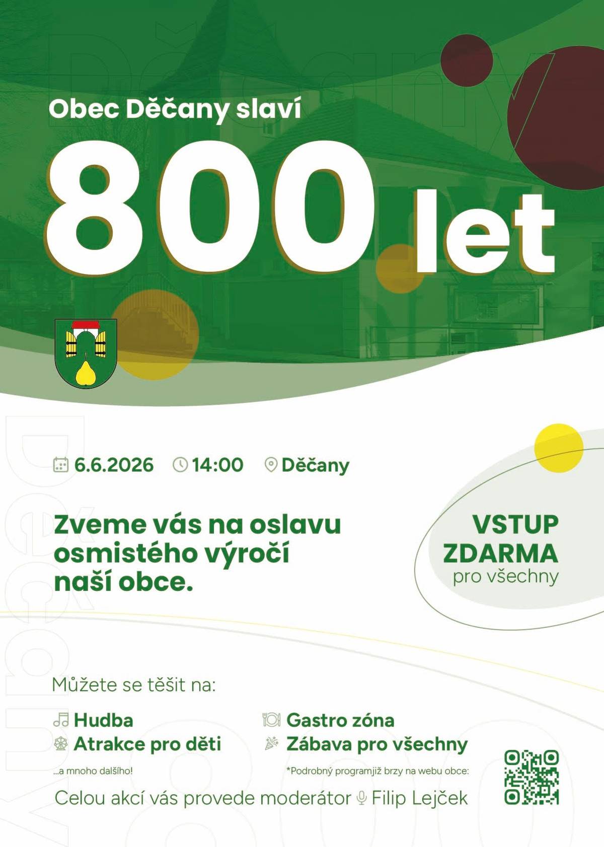 Blíží se oslavy 800 let obce Děčany 6.6.2026. Pokud máte dobové fotografie a chcete se o ně podělit, přineste je na obecní úřad. Fotografie ofotíme a vrátíme je zpět. Děkuji