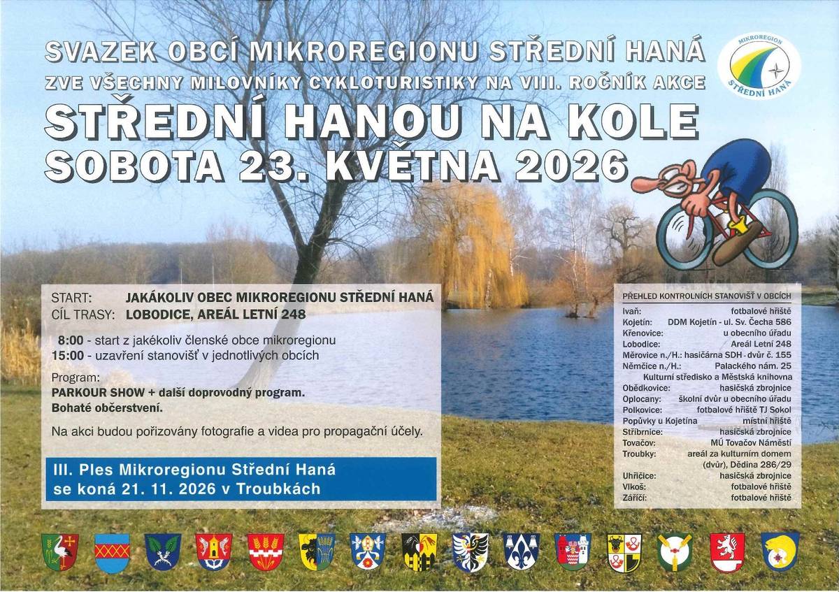 Mikroregion Střední Haná zve všechny milovníky cykloturistiky 23.5. na akci Střední Hanou na kole, start v Tovačově je od 8h z náměstí, od MěÚ.