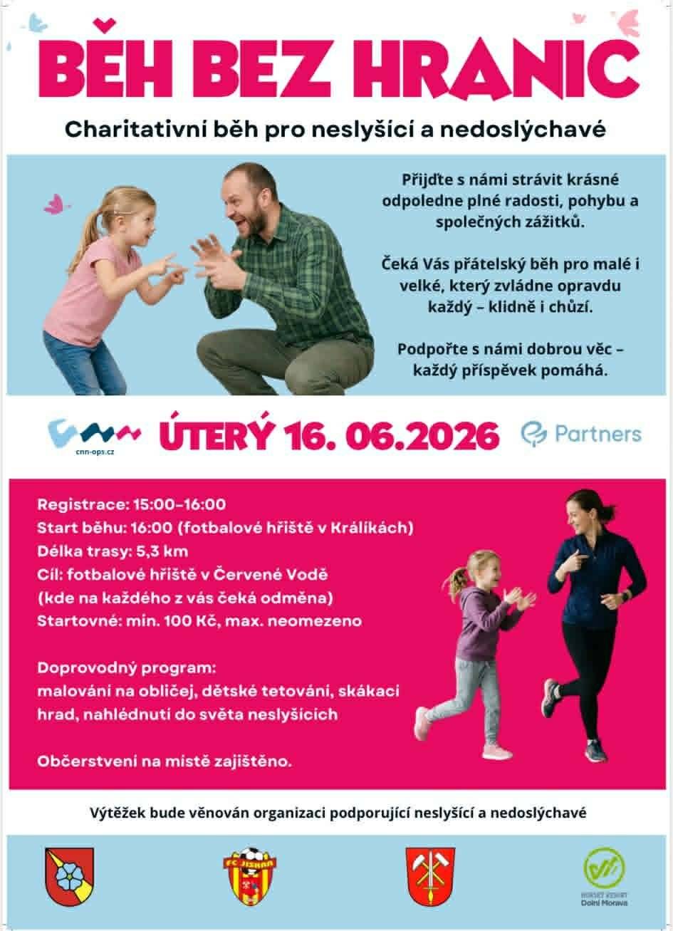 V úterý 16. června se potkáme na akci Běh bez hranic – charitativním běhu na podporu neslyšících a nedoslýchavých. 🏃♀️🏃♂️ Nejde o výkon ani o čas v cíli. Jde o společně strávené odpoledne, dobrou náladu, radost z pohybu a pomoc těm, kteří to potřebují.  Dorazit můžete sami, s přáteli i s dětmi – trasu zvládne opravdu každý, klidně i chůzí.  Čeká vás příjemná atmosféra, doprovodný program a hlavně pocit, že i malý krok může znamenat velkou pomoc. Budeme moc rádi, když přijdete podpořit dobrou věc spolu s námi. 💙 Zdroj: Facebook obce Č. Voda Posíláme vám první videopozvánku