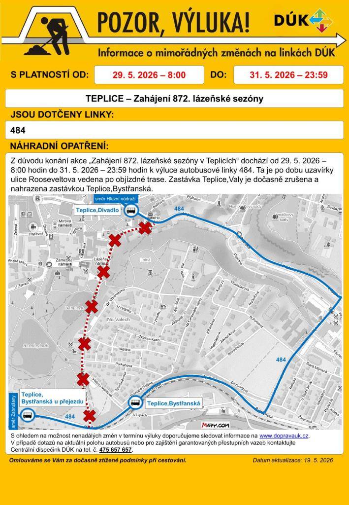 Od 29. května 2026, 8:00 do 31. května 2026, 23:59 bude výluka na autobusové lince 484 v Teplicích.