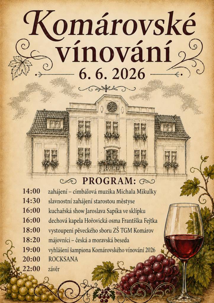 Komárovské vínování 2026 se uskuteční v sobotu 6.6.2026 a znovu po roce nabídne návštěvníkům pestrý program.