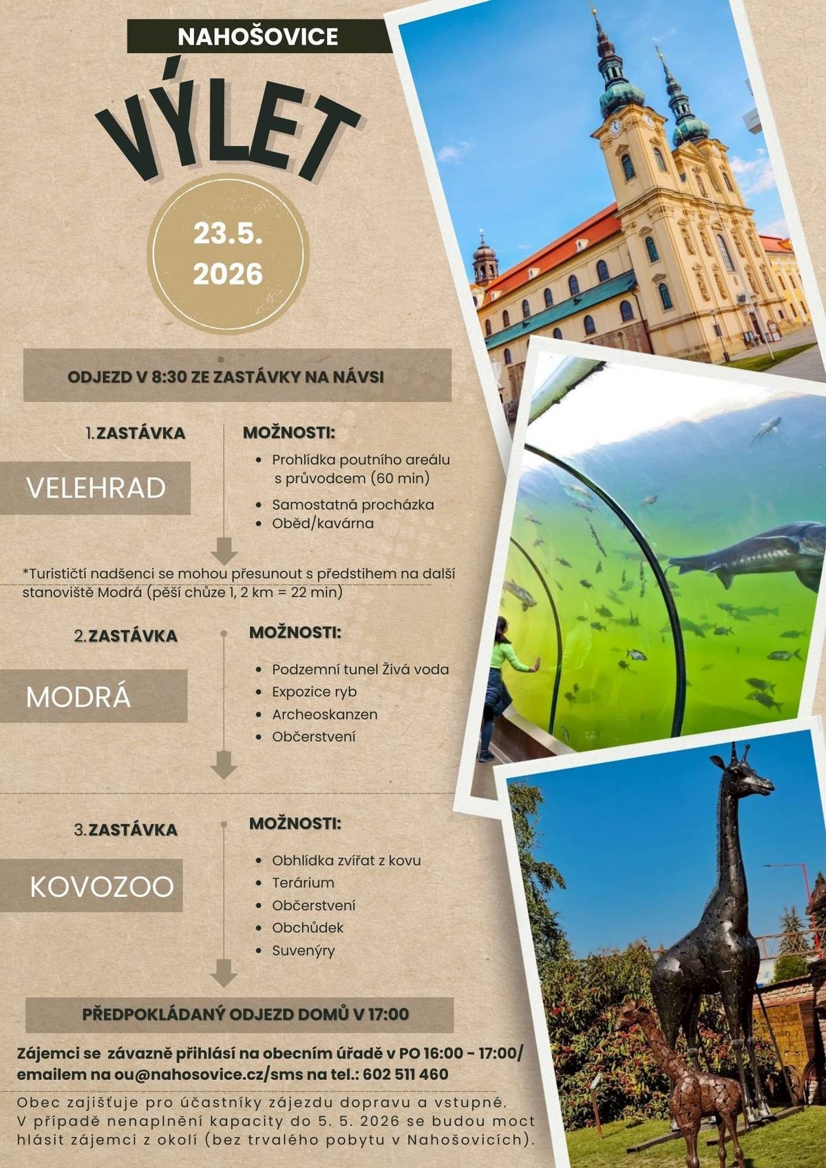Připomínáme odjezd autobusu na sobotní výlet v 8:30 od autobusové zastávky NA NÁVSI. Přijďte, prosím, o 10 minut dříve. Dobrou náladu s sebou! :-)