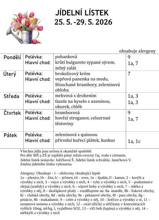 Jídelní lístek od 25.5. do 29.5.2026