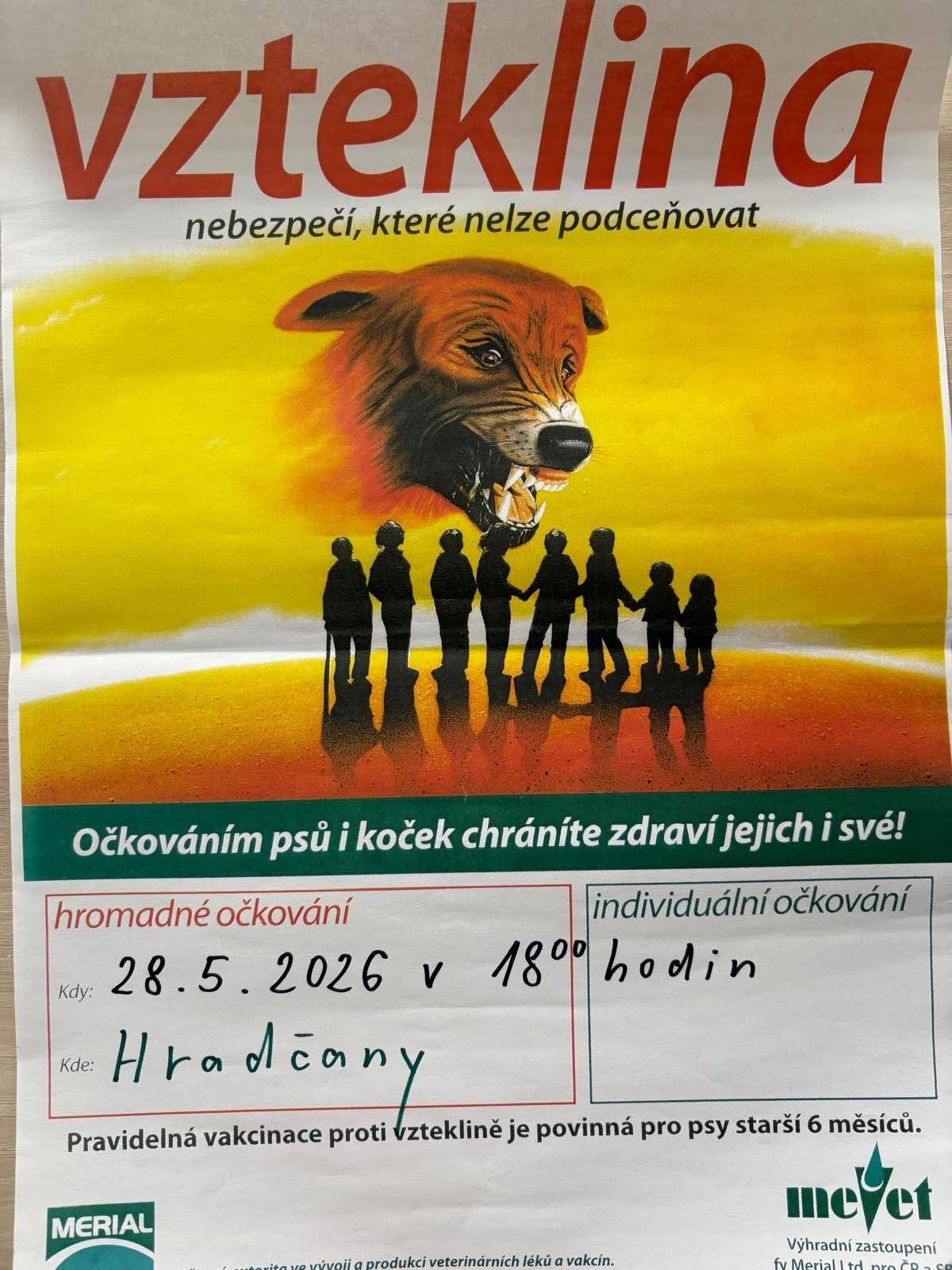 Očkování psů a koček proti vzteklině proběhne 28.5.2026 od 18:00 hodin na Hradčanech.