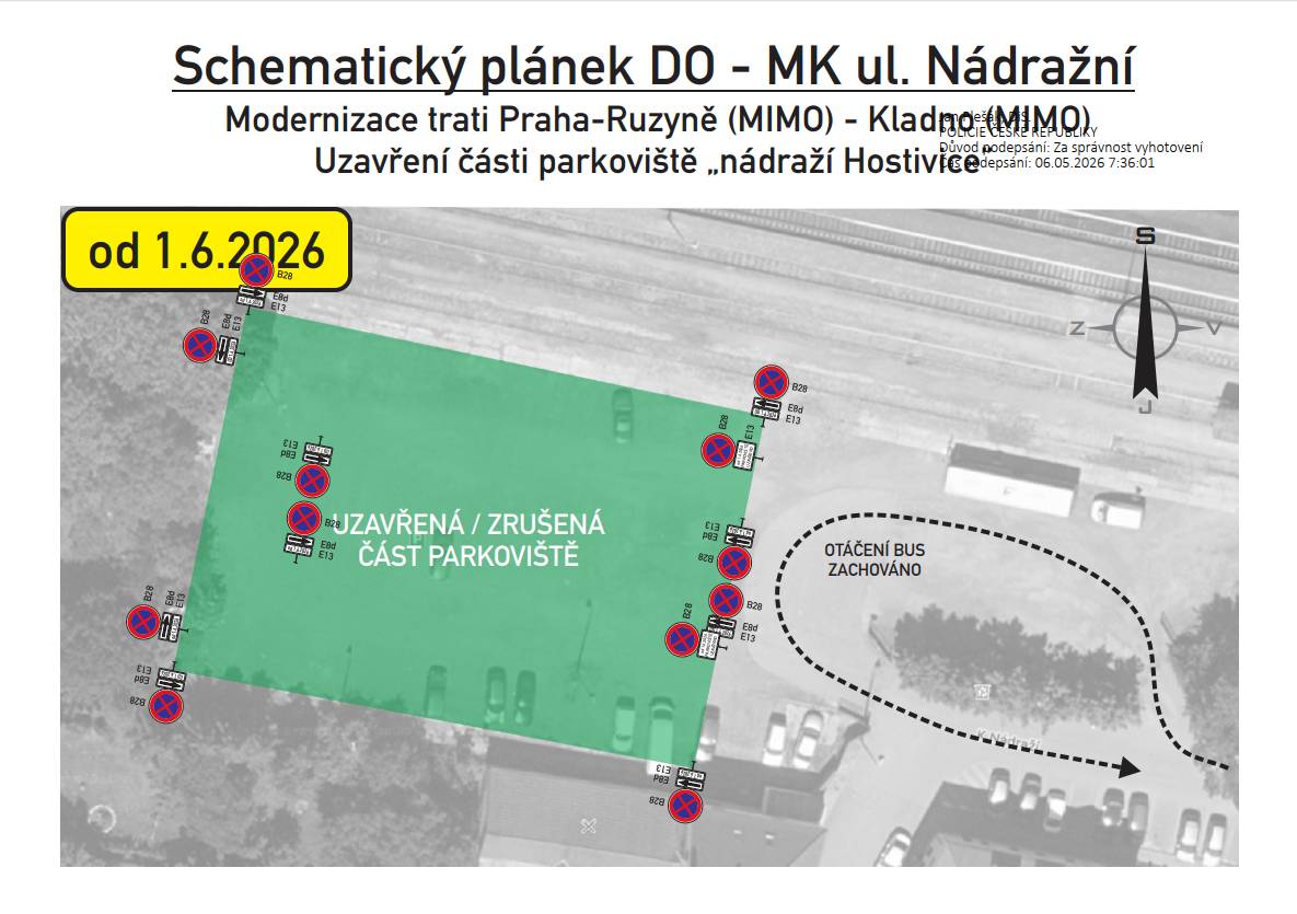 Na webu města Modernizace trati přinese od 18. května dopravní omezení v několika částech Hostivice: Hostivice najdete informace k plánovaným dopravním omezením a uzavírkám. Od dnešního dne navíc začíná také postupné osazování přechodného dopravního značení na parkovišti „Nádraží Hostivice“ v souvislosti s jeho připravovanou uzavírkou. Prosíme řidiče, aby věnovali zvýšenou pozornost osazeným značkám a parkoviště včas vyklidili. 🗓️ Termín osazování dopravního značení: 22. 5. – 1. 6. 2026 🚧 Termín uzavírky parkoviště: od 1. 6. 2026