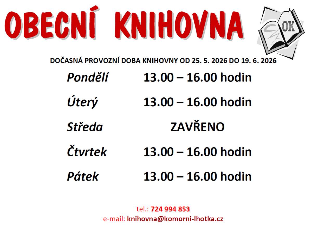 Vážení návštěvníci knihovny a IC, upozorňujeme vás na dočasnou úpravu provozní dobu, a to z důvodu konání školní výuky v prostorách knihovny. Tato dočasná provozní doba platí od 25. 5. 2026 do 19. 6. 2026. Děkujeme za pochopení.