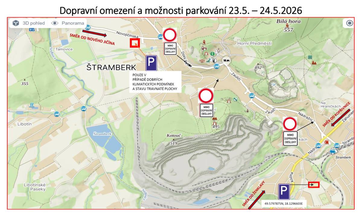 Město Štramberk informuje občany i návštěvníky o plánovaném dopravním omezení během víkendu 23. a 24. května 2026. Z důvodu očekávaného zvýšeného počtu turistů v souvislosti s provozem lunaparku nebude v uvedených dnech možný průjezd průtahem města ulicemi Nádražní, Zauličí, Dolní Bašta a Dolní.