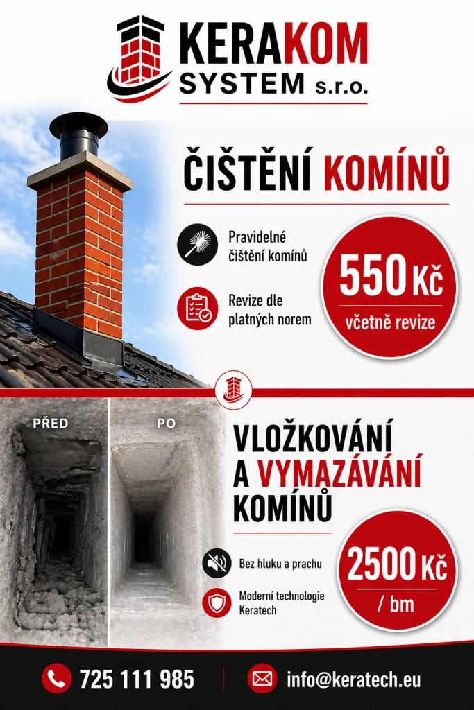 Vážení občané, dne 1.6.2026 bude kominická firma KERAKOM SYSTÉM s.r.o. na území obce provádět pravidelné revize a čištění komínů. Cena je 550 kč s vystavením revize na místě. Pro objednání volejte na telefonní číslo 725 111 985. Děkujeme za pozornost.