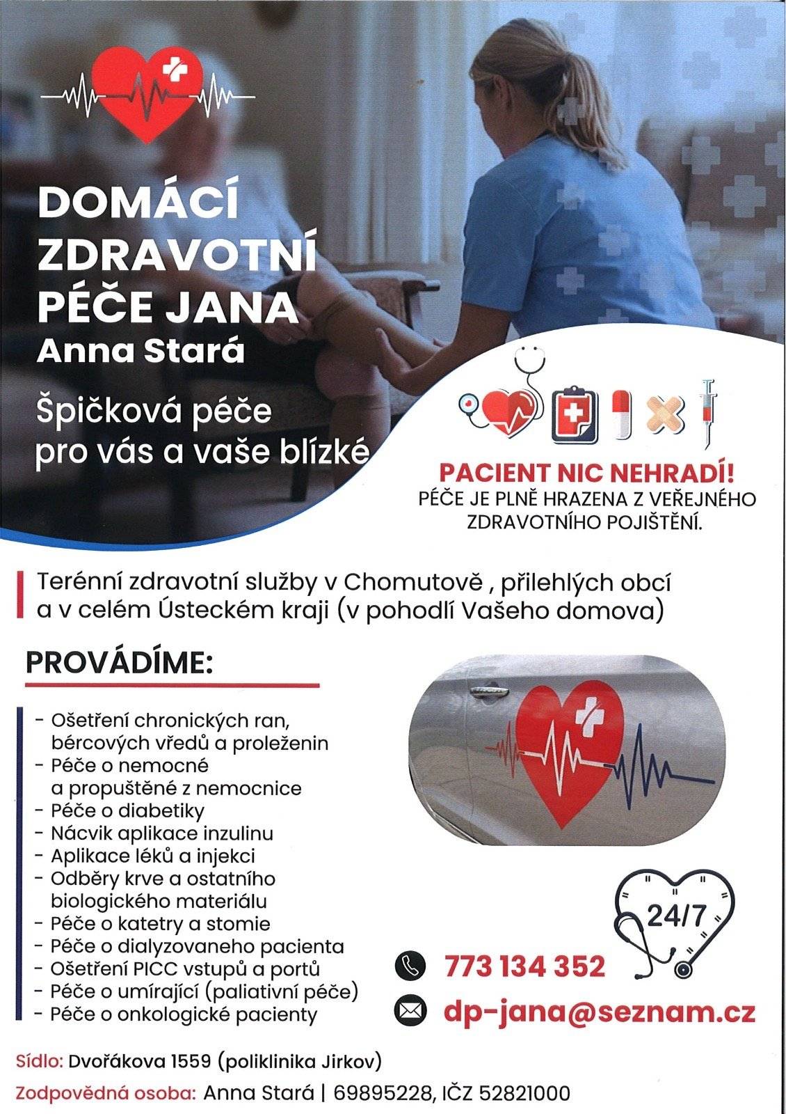 🏥 Domácí zdravotní péče JANA nabízí odbornou zdravotní péči přímo v pohodlí vašeho domova. Péče je plně hrazena z veřejného zdravotního pojištění a dostupná 24/7 v Chomutově, okolních obcích i celém Ústeckém kraji. Zkušený tým zajišťuje široké spektrum zdravotních služeb – od péče o chronické rány, aplikace léků a odběrů až po paliativní péči či podporu onkologických pacientů. ❤️