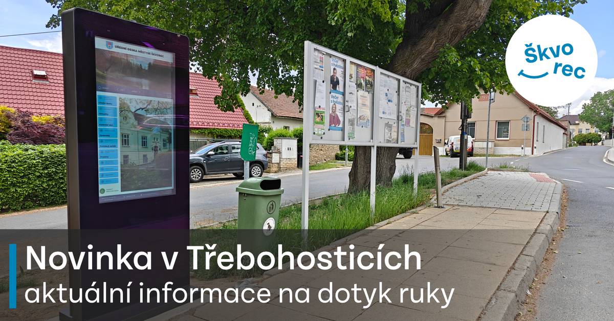 🚌 Rozšiřujeme naše způsoby komunikace. Při čekání na autobus v Třebohosticích si nově můžete přečíst aktuální informace, oznámení nebo pozvánky na akce přímo na zastávce! Dnes jsme tam totiž nainstalovali elektronickou úřední desku, která zobrazuje veškeré dokumenty přehledně a vždy aktuálně. Stejnou elektronickou úřední desku budeme instalovat i ve Škvorci u zastávku na náměstí. Co na ní najdete? ✅ Aktuální informace z webu městysu - stavby, uzavírky, různá oznámení ✅ Pozvánky na kulturní akce, všechna vydání zpravodaje ✅ Vyhlášky, směrnice, záměry a informace z úřední desky ✅ Jízdní řády, mapy a další online zdroje informací   Výhody pro úřad městysu ✅ Možnost snadného zveřejnění obsáhlých dokumentů (například veterinární opatření bývají často na 20 stran, které se do vitrín nevejdou)  ✅ Úřední deska je propojena s informačním systémem úřadu - nehrozí chyba při vyvěšení úředního dokumentu ✅ Informace se k občanům dostanou hned a jsou vždy aktuální,  není potřeba objíždět a udržovat všechny vývěsky.