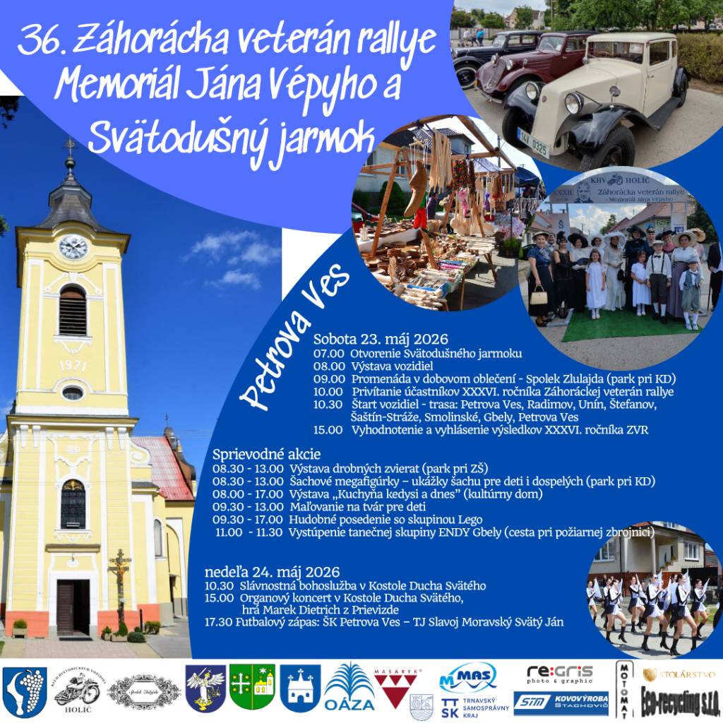 Obec Petrova Ves a Klub historických vozidiel Holíč Vás pozýva na 36. ročník Záhoráckej veterán rallye Memoriál Jána Vépyho a Svätodušný jarmok, ktorý sa bude konať túto sobotu 23. mája v Petrovej Vsi.