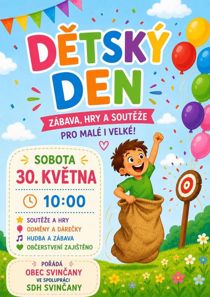 V Svinčanech se chystá dětský den plný soutěží a her, kterou pořádá obec ve spolupráci se Sbor dobrovolných hasičů. Na účastníky čekají odměny, dárky a hudební zábava. Občerstvení je zajištěno, takže se můžete těšit na příjemné chvíle v dobré společnosti.