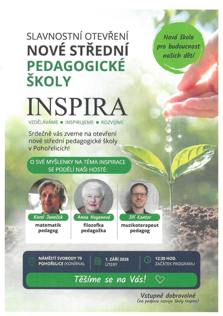 Pozvánka na otevření nové střední pedagogické školy v Pohořelicích.