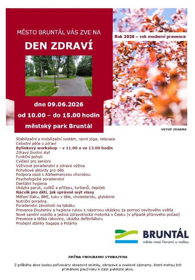 Obec Leskovec nad Moravicí Vás informuje o nadcházející akci "Den zdraví", která je zaměřena na prevenci, zdravý životní styl a poradenské aktivity pro širokou veřejnost.  Akce se koná 9. června 2026 v městském parku Bruntál.