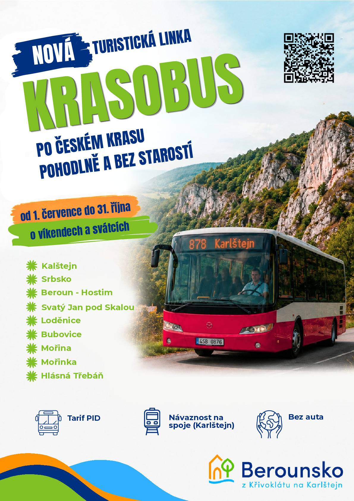 Informujeme Vás o zavedení nové turistické linky "Krasobus", která propojí nejatraktivnější místa Českého krasu. Linka bude v provozu o víkendech a svátcích od 1. 7. do 31. 10. a je plně integrována do systému PID.