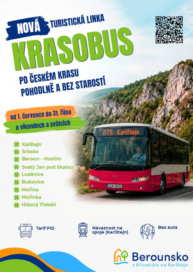 Nová turistická linka KRASOBUS začne fungovat od 1. července do 31. října 2026. Nabídne spojení na trase Karlštejn, Srbsko, Beroun, Loděnice a Hlásná Třebáň. Spoje budou v provozu o víkendech a svátcích.