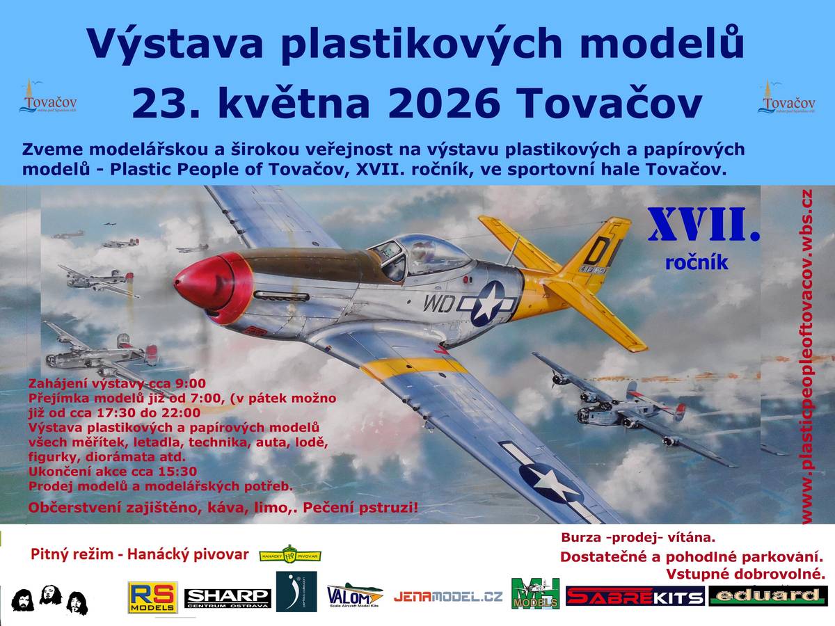 Zveme vás na Výstavu plastikových modelů, která se koná 23.5. ve sportovní hale v Tovačově. Zahájení je v 9h.