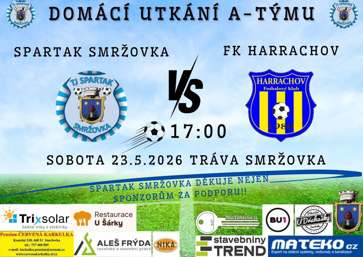 Fotbalové fanoušky zveme v sobotu 23. 5. od 17.00 hodin na utkání TJ Spartak Smržovka a FK Harrachov na hřišti ve Sportovní ulici.