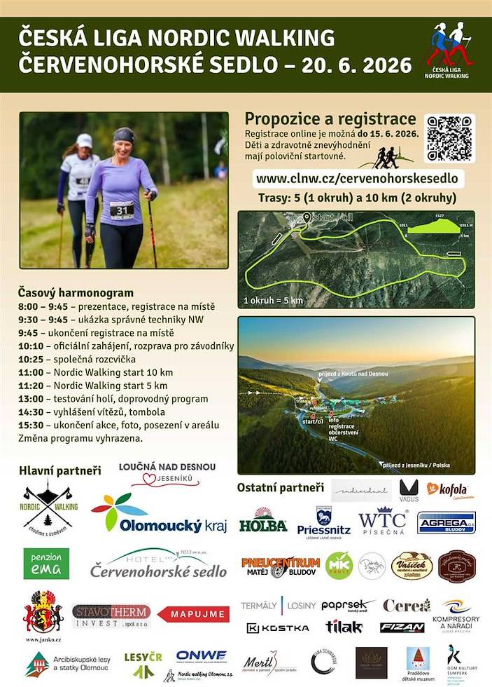 Česká liga Nordic Walking připravuje na 20. června už třetí závod v Jeseníkách. Zveme všechny na krásné a ikonické Červenohorské sedlo. Online registrace běží do 15.6.2026.