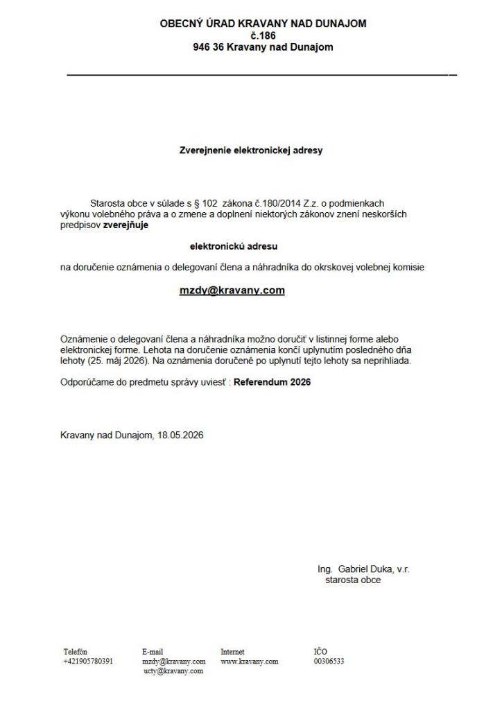 Zverejnenie elektronickej adresy na doručenie oznámenia o delegovaní člena a náhradníka do okrskovej volebnej komisie
