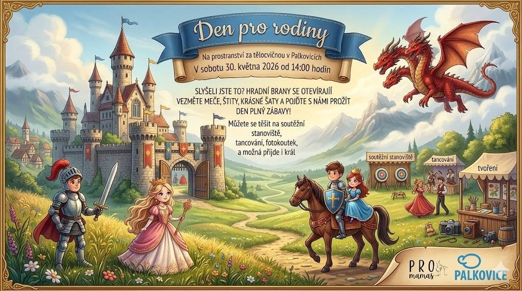 Zveme všechny malé i velké rytíře, udatné princezny, krále i královny na nezapomenutelný Den pro rodinu v království Palkovickém! Přijďte s námi prožít sobotní odpoledne plné zábavy, smíchu a dobrodružství. Prostor za tělocvičnou v Palkovicích proměníme v pohádkové podhradí, kde nuda nemá žádnou šanci. ⚔️👑 📅 Kdy? Sobota 30. května 2026 od 14:00 hodin 📍 Kde? Prostranství za tělocvičnou v Palkovicích (u dětského hřiště) 🎟️ Vstupné Dobrovolné Na co se můžete těšit? 🏹 Soutěžní stanoviště Prověřte svou obratnost, odvahu i rytířské ctnosti. 💃 Tancování Dvorní tance pro princezny i pořádný rej pro udatné bojovníky. 🎨 Kreativní tvoření Výroba vlastních mečů, korunek a dalších nezbytností. 📸 Fotokoutek Odneste si domů vzpomínku z našeho pohádkového království. 🎭 Malování na obličej 🐴 Jízda na malých i velkých koních 👑 …a možná přijde i sám král!