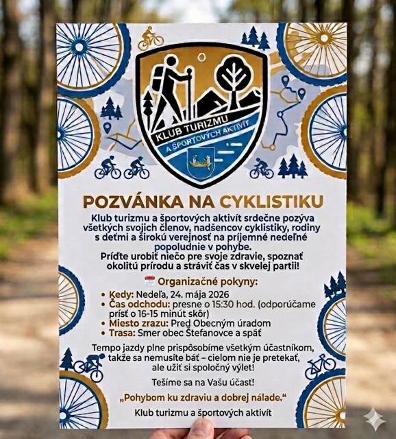Klub turizmu a športových aktivít Hencovce, pozýva širokú verejnosť na cyklistiku do Štefanoviec dňa 24.5.2026, s časom odchodu o 15:30 hod. pri obecnom úrade v Hencovciach.