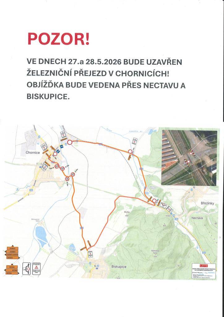 Správa železnic oznamuje, že železniční přejezd v Chornicích bude ve dnech 27. a 28. 5. 2026 uzavřen. Objížďka bude vedena přes Nectavu a Biskupice.