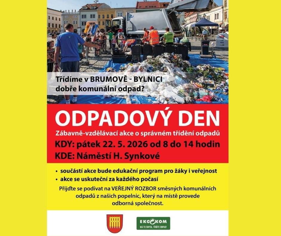 Milí občané, v pátek proběhne Odpadový den. Prosíme Vás, abyste nádoby na odpad ponechali vystavené před domy od 6:00 do 18:00 hodin. Svozová firma bude od brzkého rána vyvážet odpad po městě a od 9:00 do 13:00 hodin bude na náměstí s technikou v rámci programu Odpadového dne. Po skončení akce bude pokračovat ve vývozu zbývajících ulic. Prosíme také o zvýšenou opatrnost v okolí náměstí a na cyklostezce, kde se budou pohybovat děti z mateřské a základní školy. Přijďte se podívat na rozbor obsahu popelnic a zjistit, co do odpadu patří a co ne. Děkujeme za spolupráci a těšíme se na Vás.