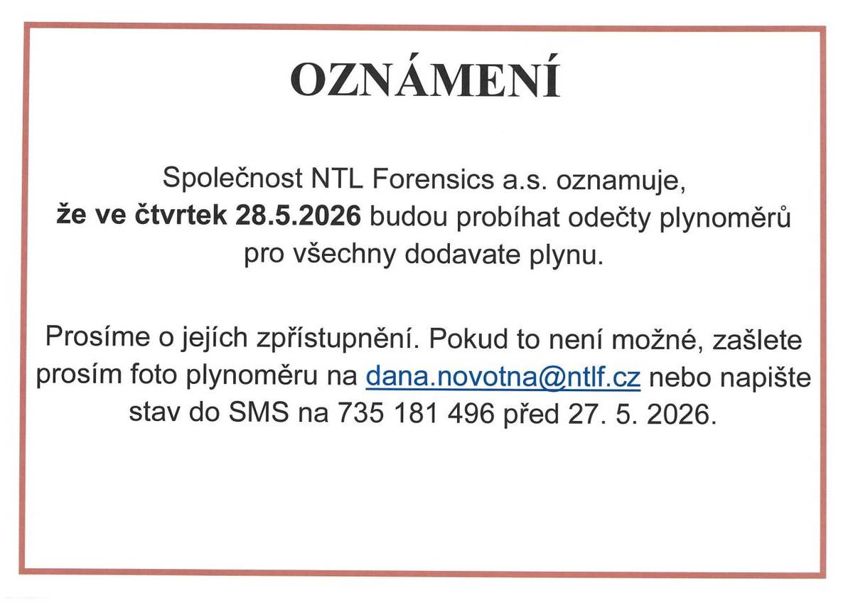 Ve čtvrtek 28.5.2026 budou v obci probíhat  odečty plynoměrů pro všechny dodavatele plynu.