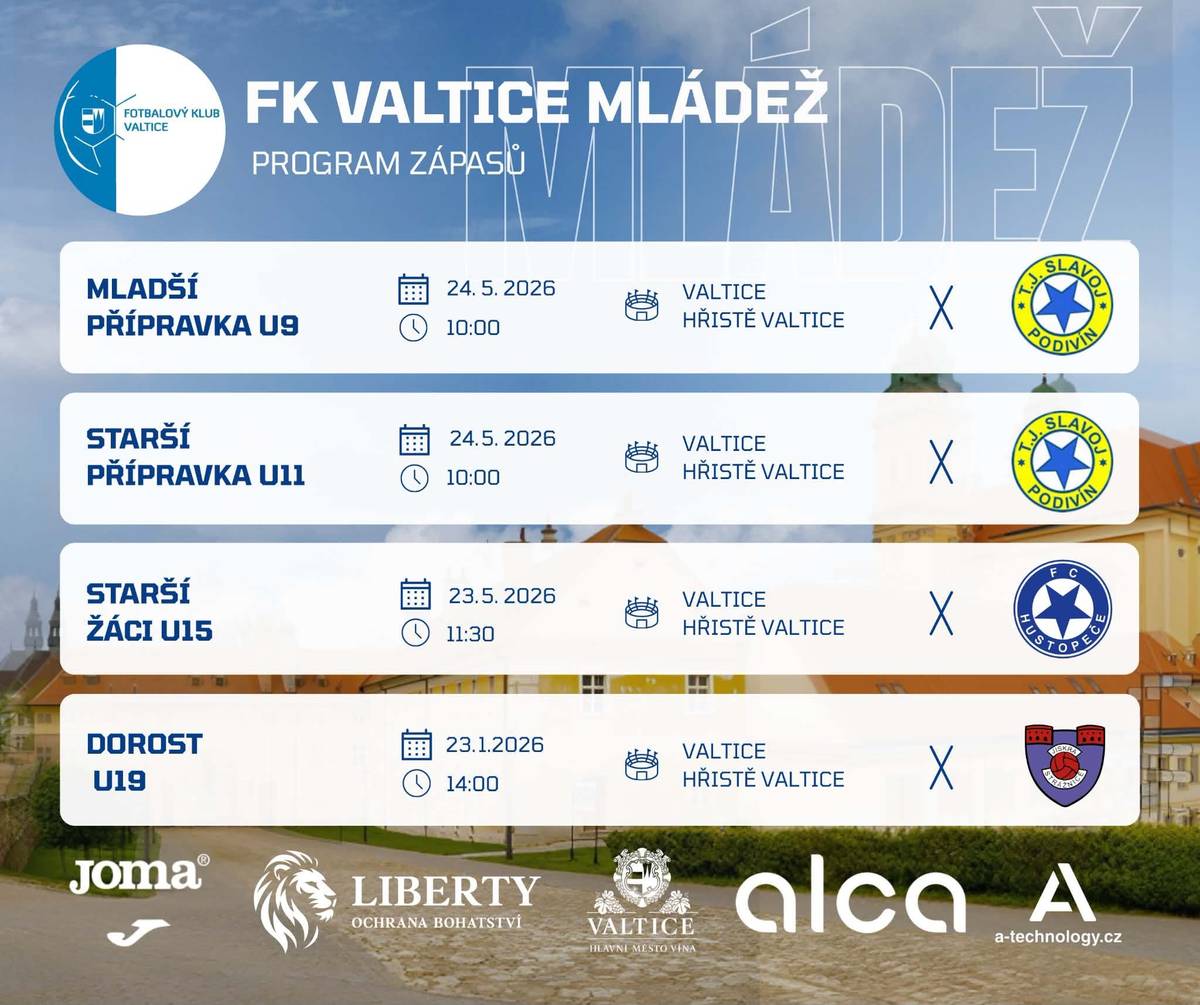 ⚽Program nadcházejících zápasů FK Valtice - mládež.