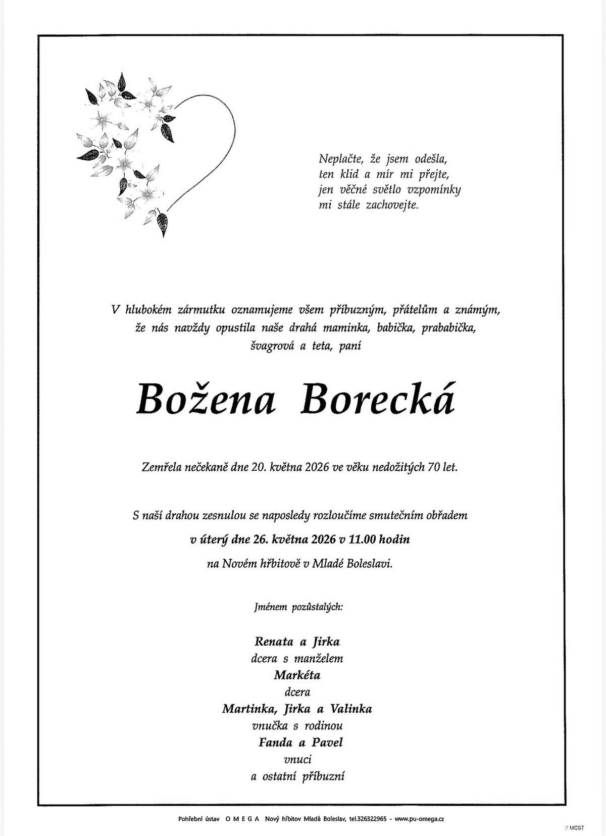 Parte paní Božena Borecká 🕊️.