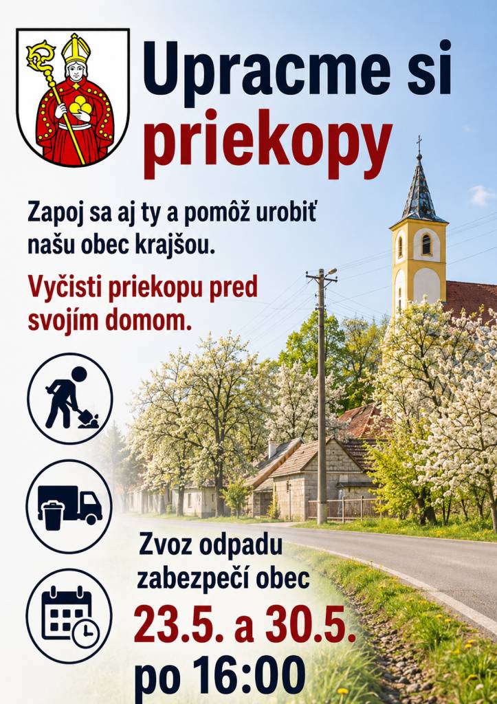 Poupratujme si priekopy pred domom. Odvoz z priekop zabezpečí OcÚ v sobotu 23. a 30.mája 2026 po 16.00 hod.
