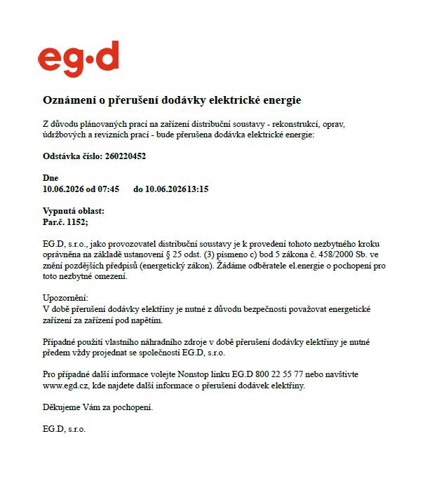 OZNÁMENÍ O PŘERUŠENÍ DODÁVKY ELEKTRICKÉ ENERGIE - 10.6.2026 OD 7:45 HOD. DO 13:15 HOD.   VYPNUTÁ OBLAST: POUZE PARC. Č. 1152