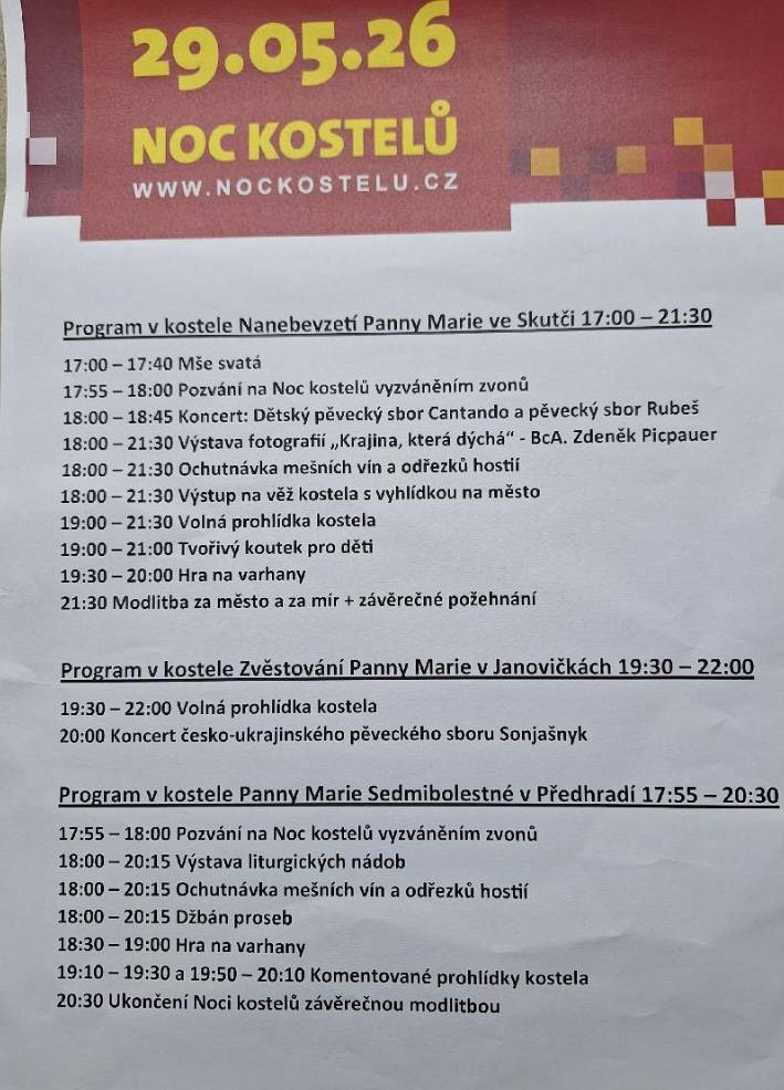 V rámci letošní Noci kostelů (29. 5. 2026) vás srdečně zveme k návštěvě tří místních chrámů, které si připravily jedinečný večerní program plný hudby, komentovaných prohlídek a výstav.