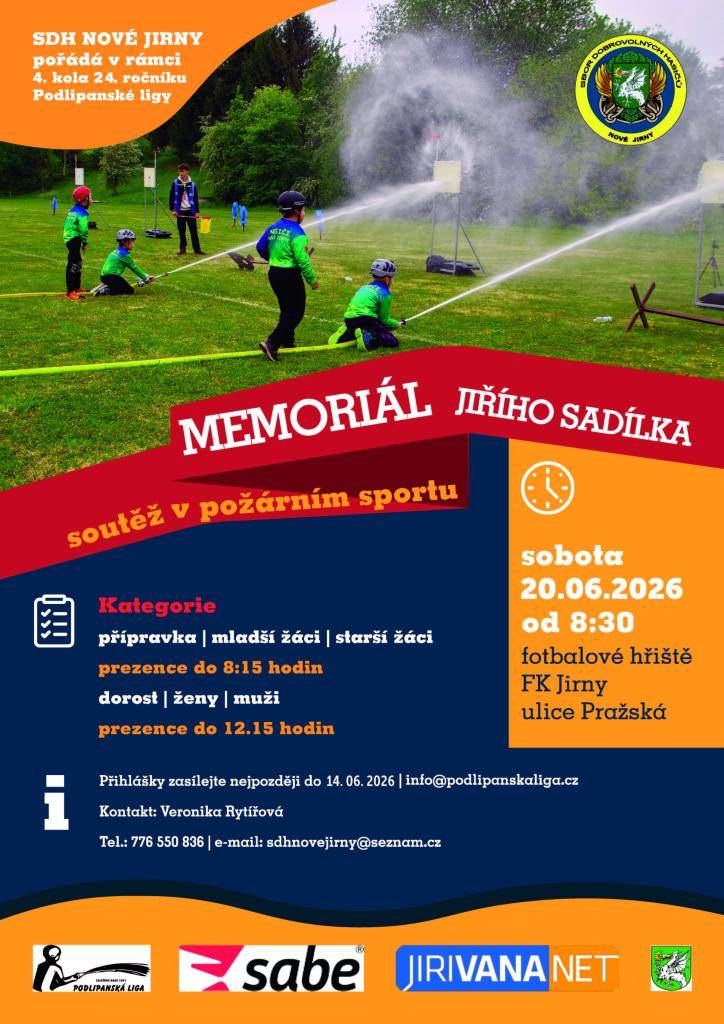 SDH Nové Jirny Vás zve na MEMORIÁL JIŘÍHO SADÍLKA. Přijďte podpořit naše hasiče v sobotu 20.6.2026 od 8:30 na fotbalové hřiště FK Jirny.
