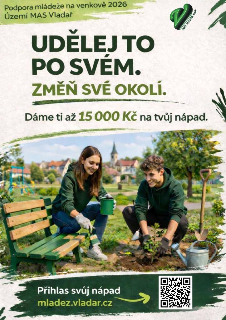Místní skupina MAS Vladař vyhlašuje program podpory pro mladé lidi na venkově, který nabízí až 15 000 Kč na realizaci nápadů. Tento program je určen pro všechny, kteří chtějí pozitivně ovlivnit své okolí a přispět k rozvoji místní komunity.