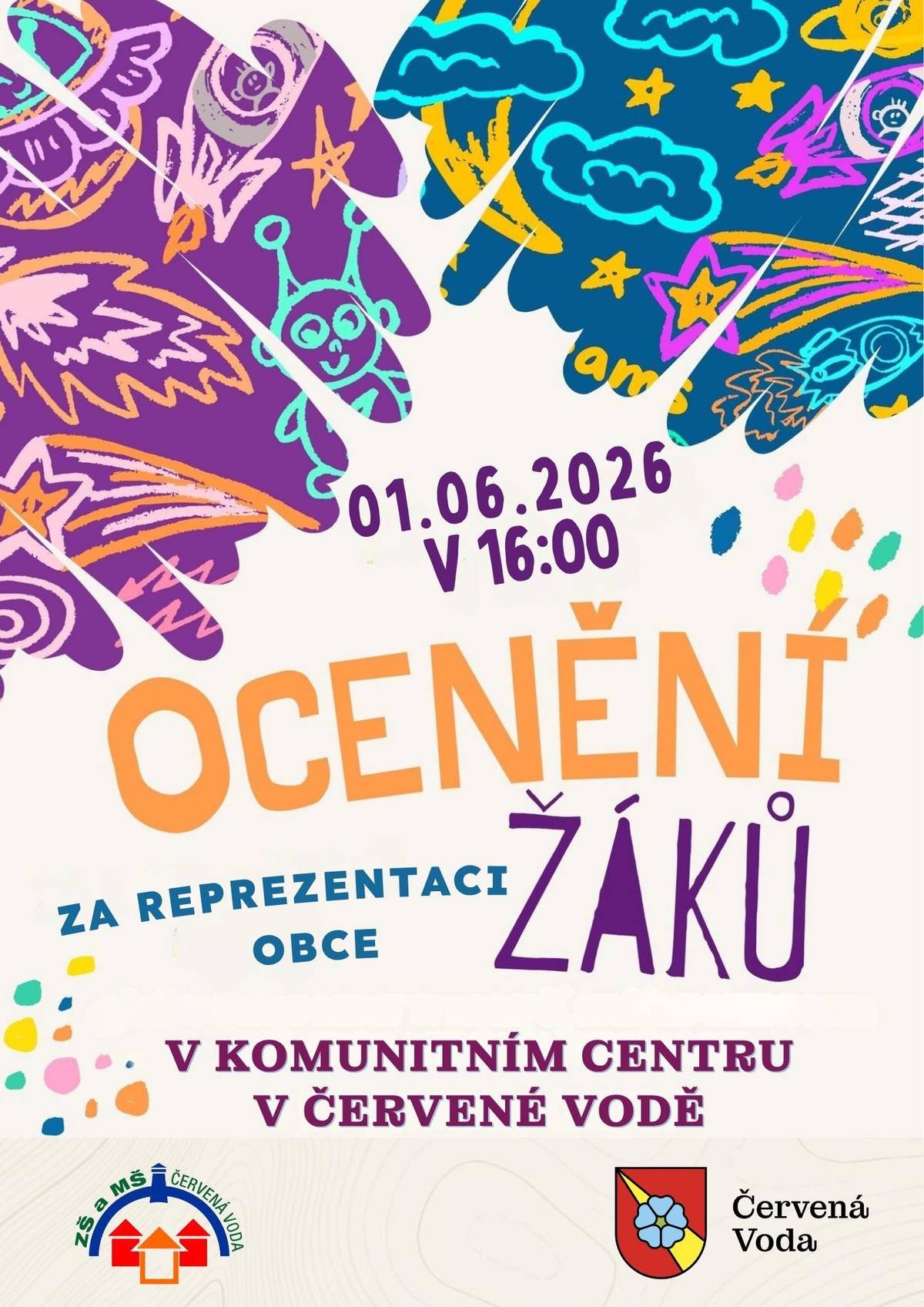 Obec Červená Voda zve rodiče, prarodiče i širokou veřejnost na setkání věnované žákům, kteří svými úspěchy a aktivním přístupem vzorně reprezentují naši obec. 👏 📅 Pondělí 1. června 2026 🕓 od 16:00 hodin 📍 Komunitní centrum v Červené Vodě Přijďte společně ocenit šikovné děti a mladé talenty z Červené Vody. 💜 Budeme se těšit na příjemné společné odpoledne.
