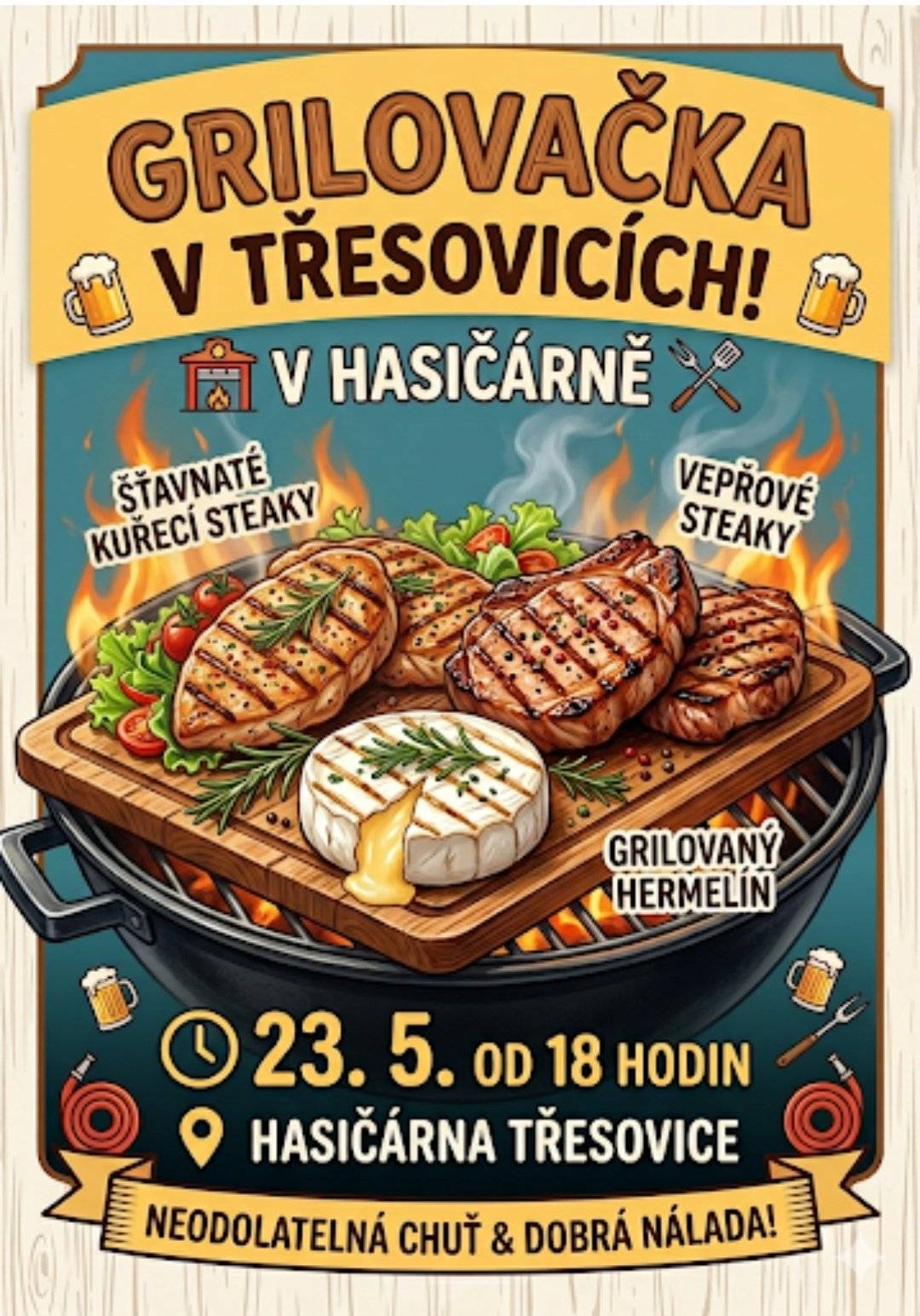 Sbor dobrovolných hasičů Třesovice zve občany na grilování u hasičské zbrojnice v sobotu 23. května. 2026 od 18:00 hodin.  Přijďte si dát něco dobrého k jídlu a pití.