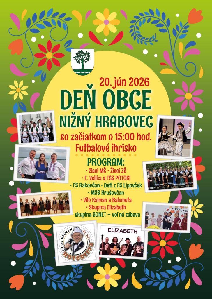 Slávnosť "Deň obce Nižný Hrabovec" sa uskutoční 20. júna 2026 o 15.00 hod. na futbalovom ihrisku. Program zahŕňa vystúpenia žiakov z materskej a základnej školy, folklórne súbory a voľnú zábavu.