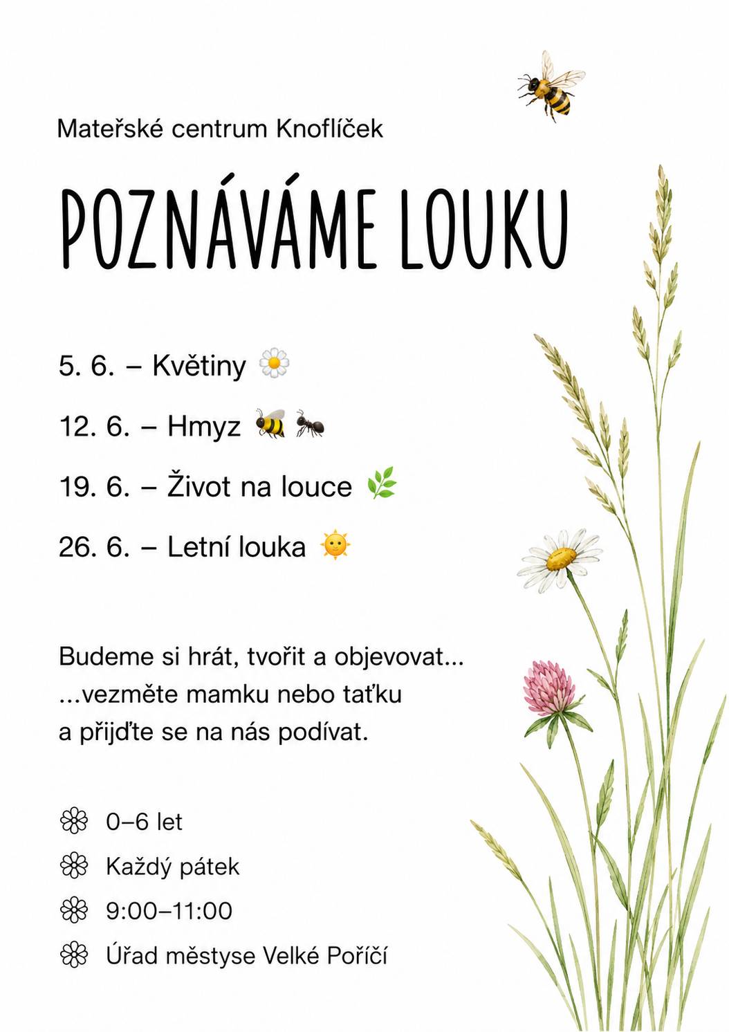 Zveme všechny rodiče s malými dětmi do mateřského centra Knoflíček. Každý pátek od 9:00 do 11:00 hodin je pro vás a vaše nejmenší připraven zajímavý program. Přijďte mezi nás.