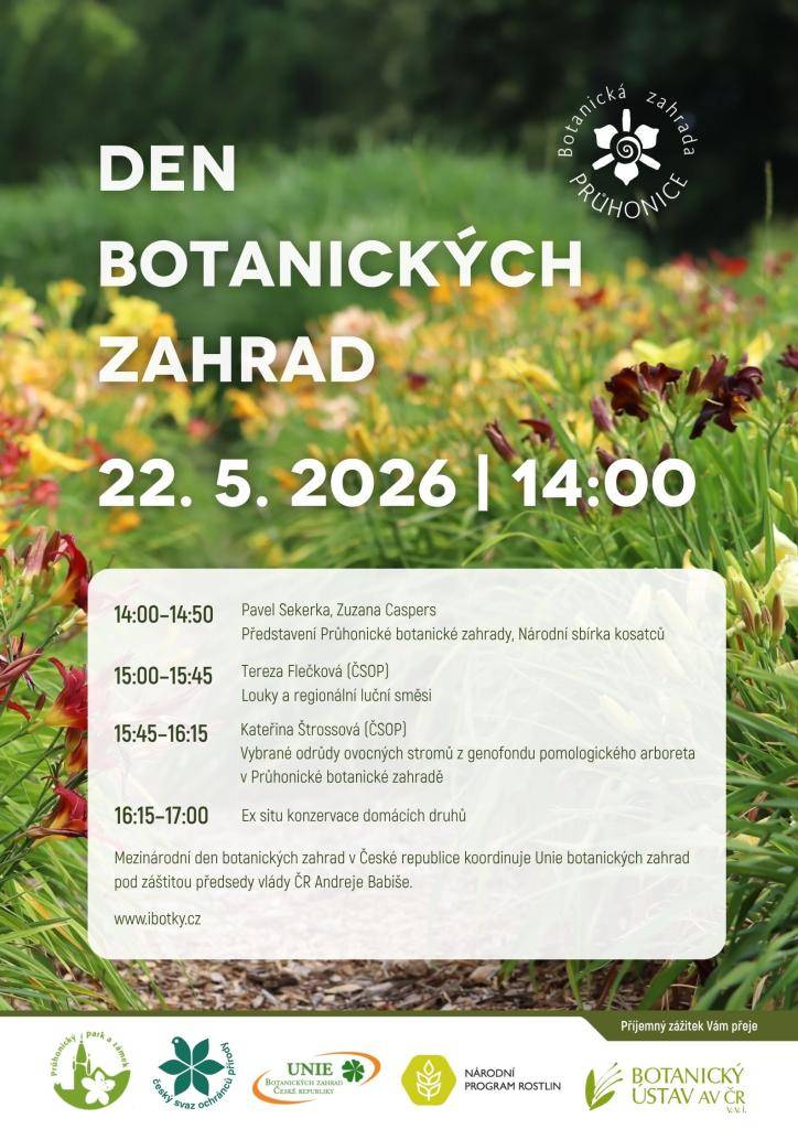 22.5.2026  14h Den botanických zahrad  23.5.2026  14h Kosatce  6.6.2026   14h Bylinné pivoňky