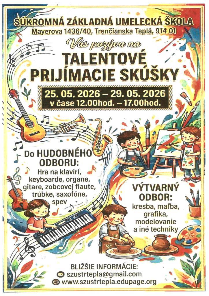 Vás pozýva na prijímacie talentové skúšky v termíne od 25.-29.05.2026 v čase od 12.00hod. do 17.00hod.