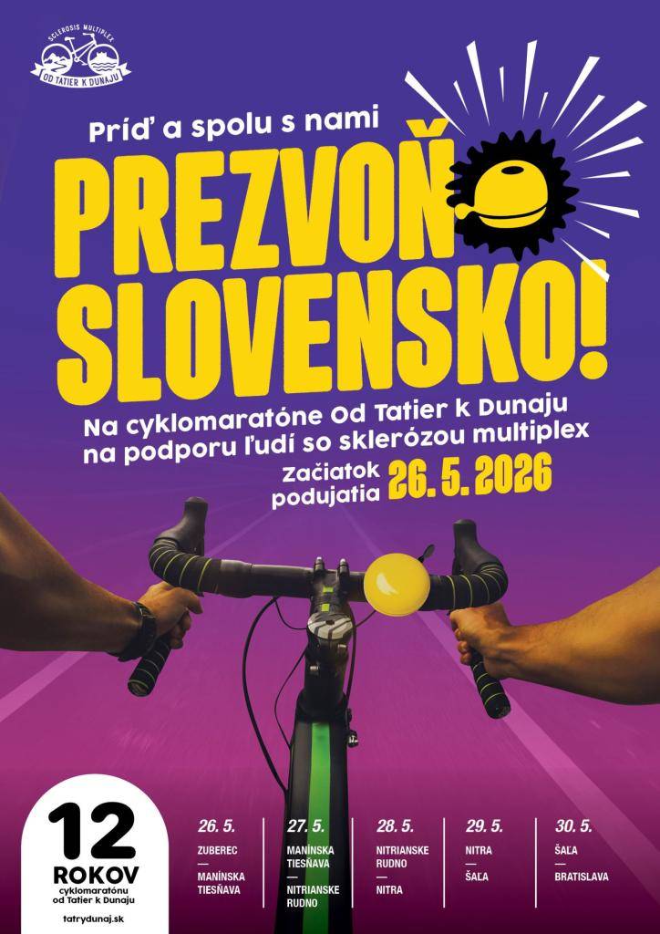 V utorok 26. mája 2026 od 7.30 vás pozývame na Námestie Sv. Vendelína na štart podujatia Od Tatier k Dunaju napriek skleróze multiplex - charitatívne podujatie na podporu ľudí so sklerózou multiplex. Štart cyklistov je o 8.00 hod. Cyklisti sa vydajú smerom na Liptov.