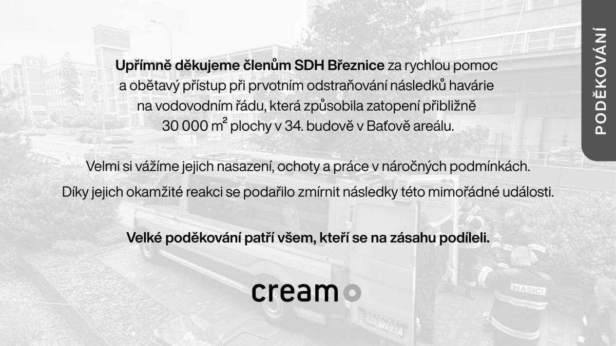 Poděkování společnosti CREAM našim hasičům za nedělní pomoc při odstraňování následků havárie na vodovodním řadu.