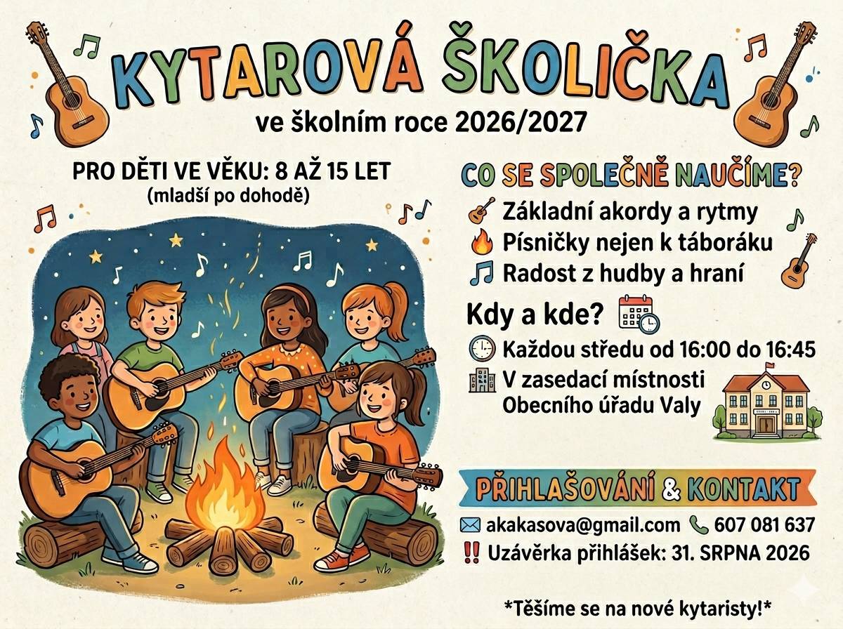 Volnočasový  kroužku "Kytarová školička" pro začátečníky - Cílem je hravou a přístupnou formou probudit v dětech lásku k hudbě, naučit je základní akordy, rytmiku a doprovod k jejich oblíbeným písničkám.