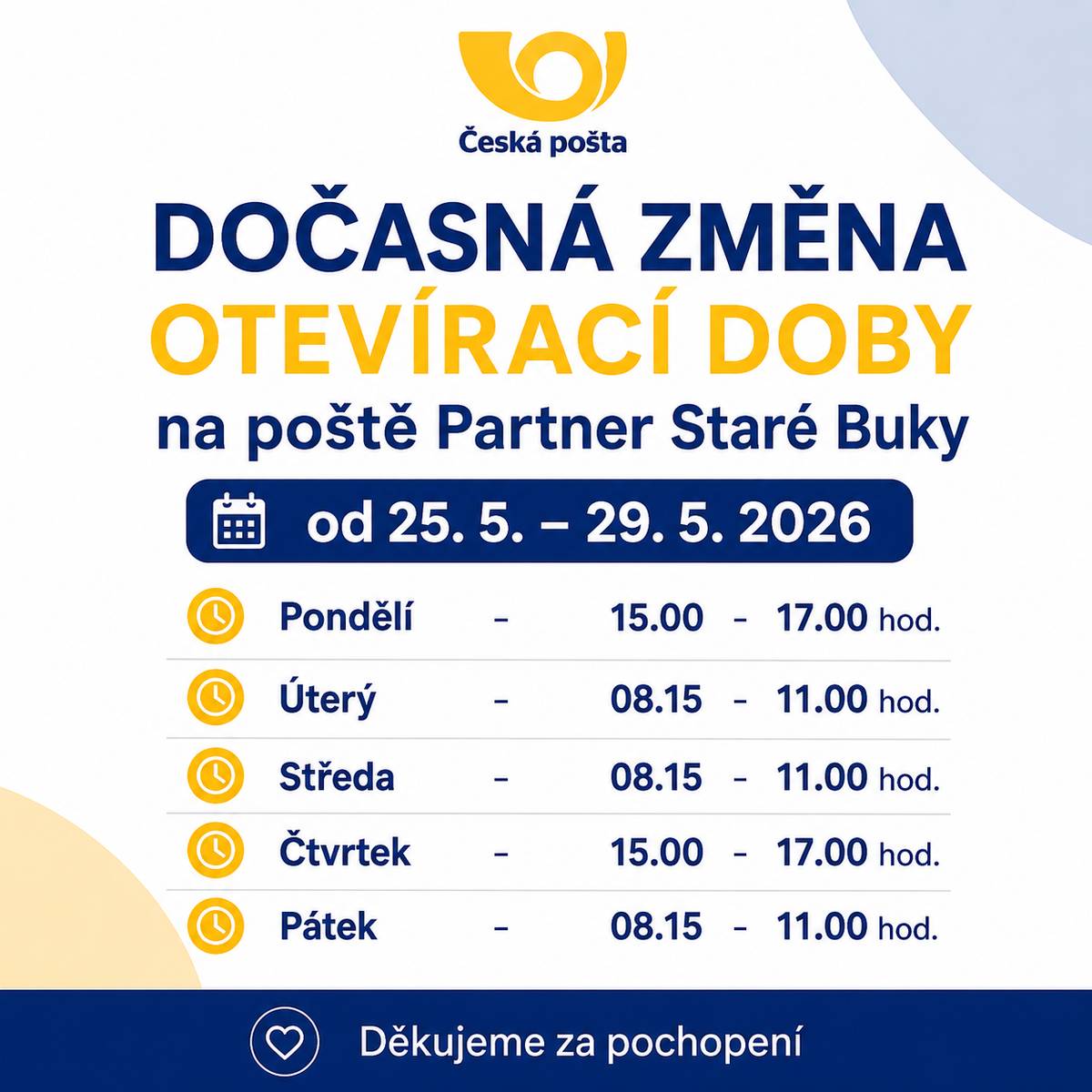 Upozorňujeme občany na dočasnou změnu otevírací doby pošty Partner Staré Buky v termínu 25.–29. 5. 2026.