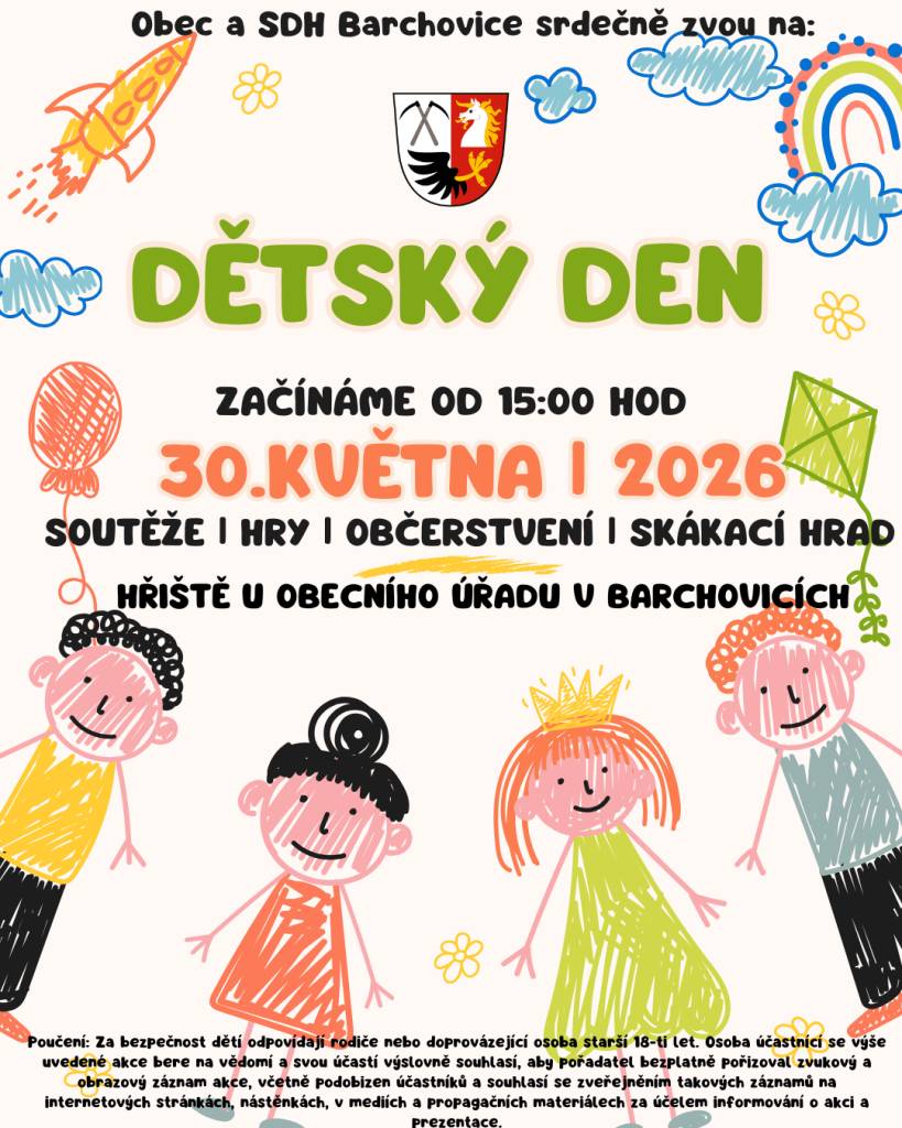 Srdečně zveme všechny rodiče a děti na Dětský den v Barchovicích. V sobotu 30.5.2026 od 15:00 hod na hřišti u OÚ v Barchovicích.